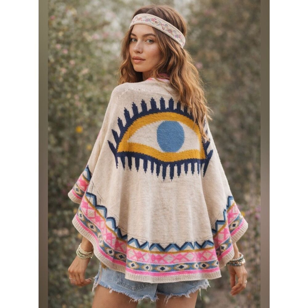 Hard to Find Mara Hoffman Cream Knit Evil Eye Poncho size One Size